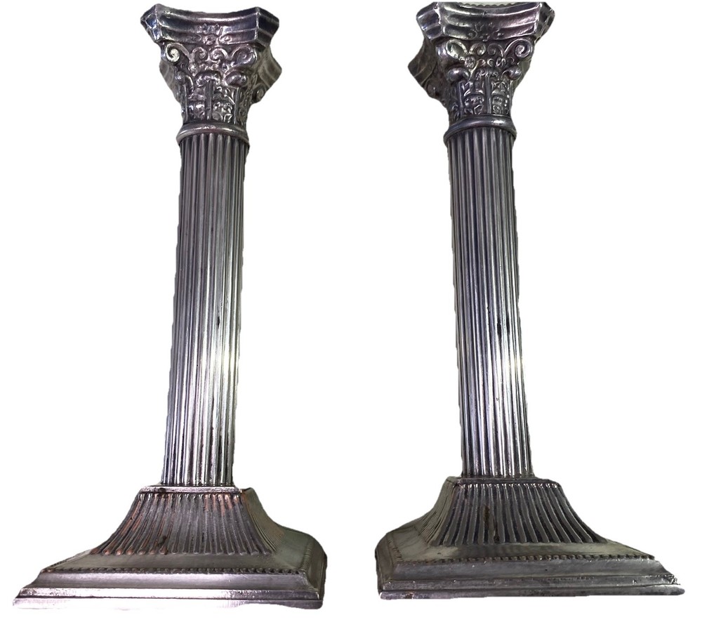 2 SILVER PLATED NEOCLASSICAL CORINTHIAN COLUMN CANDLE STICKS HOLDERS 8” TALL