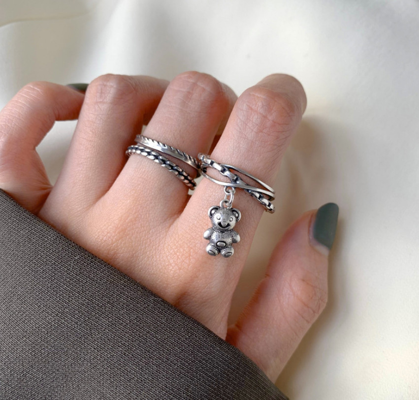 Punk Style Silver Teddy Bear Band Party Adjustable Band Ring
