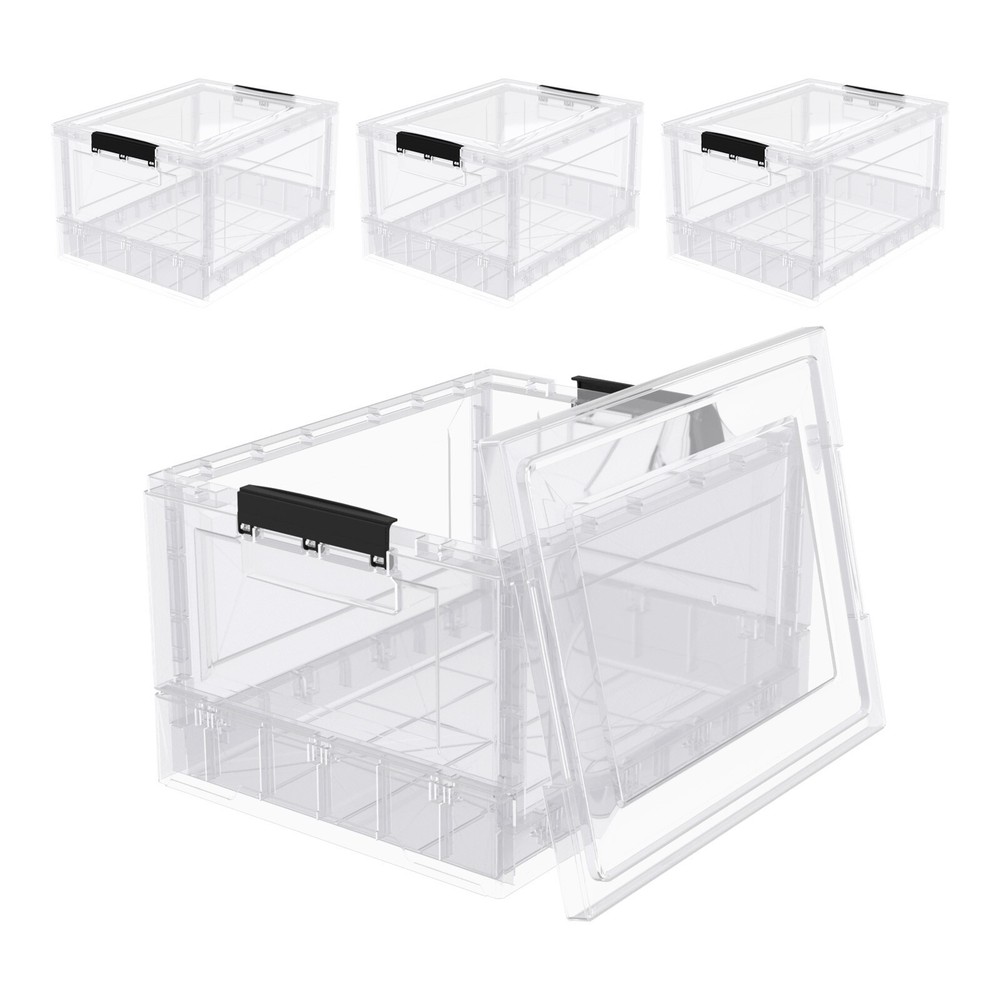 4 Packs Clear Stackable Folding Bins with Lids Collapsible Plastic Storage Cube
