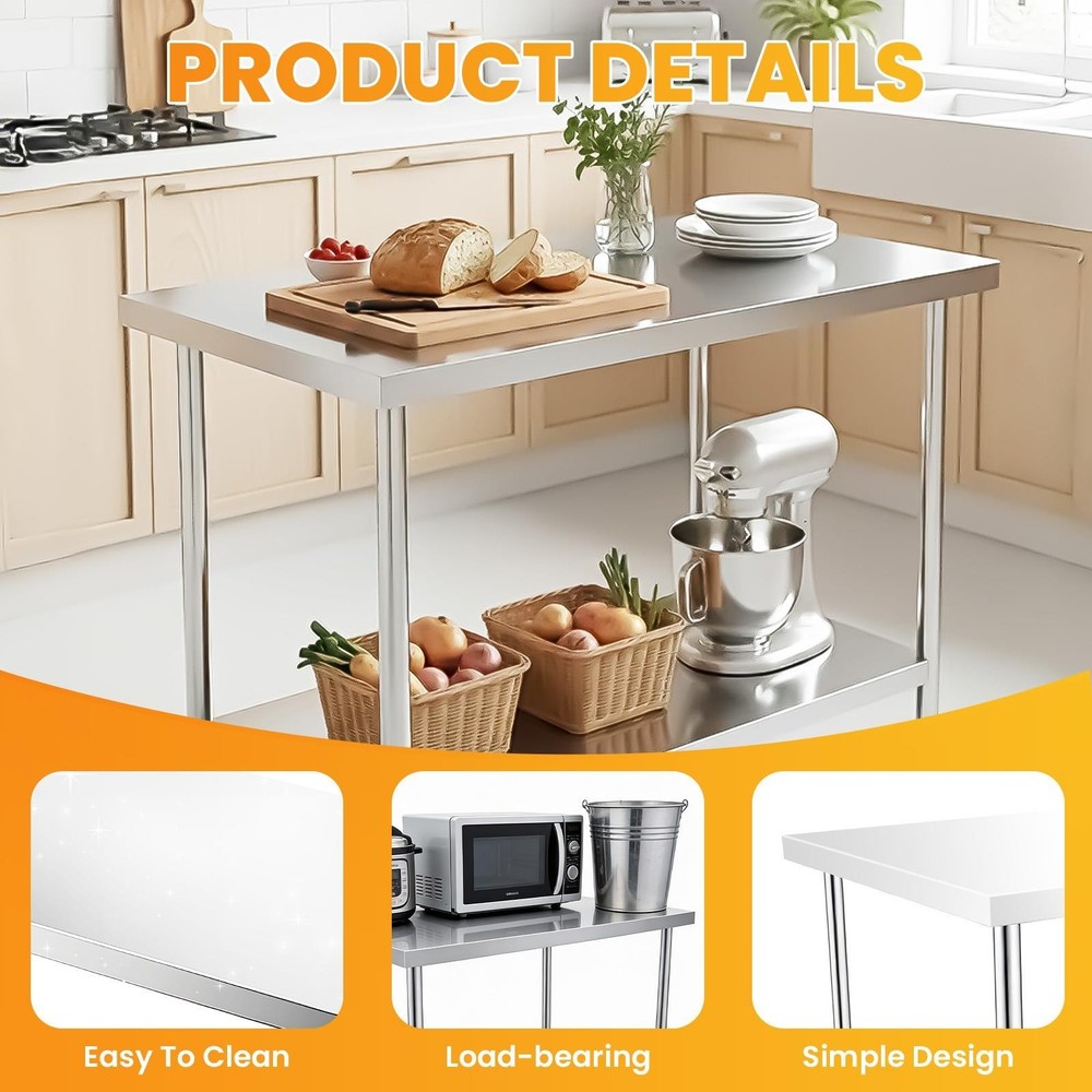 Stainless Steel Work Table 48"/72" Prep Worktable Workbench for Kitchen Garage