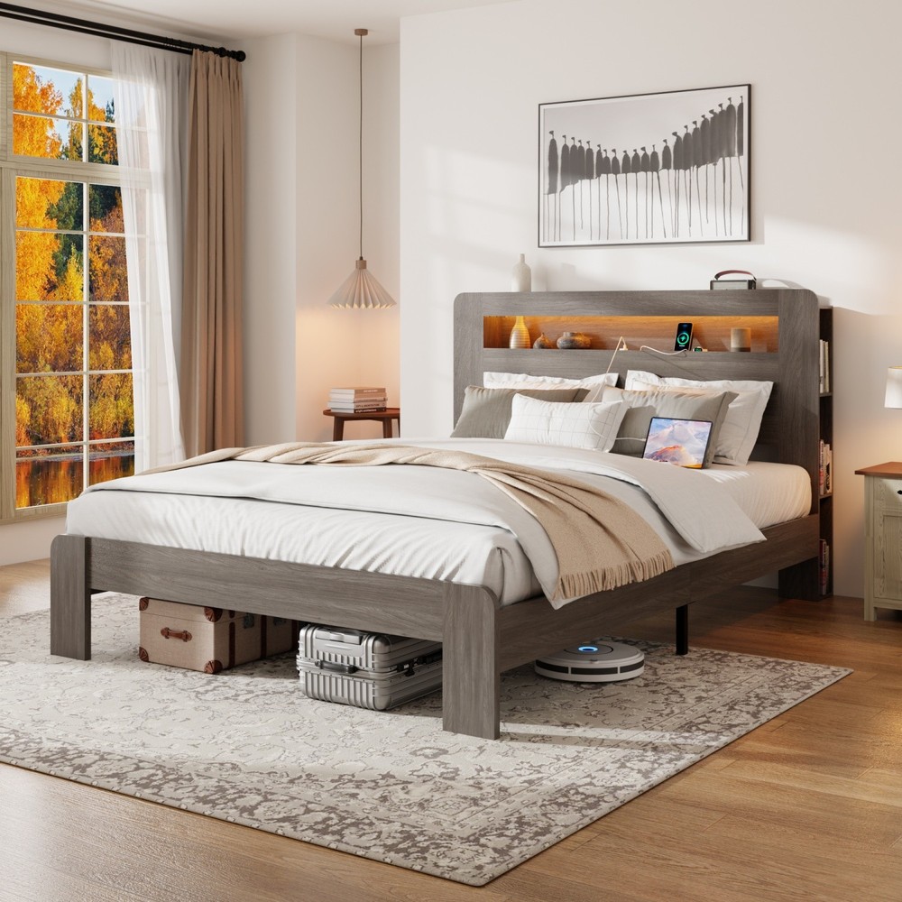 Queen/King Size Bed Frame Wood Platform Bed with Storage LED Light Headboard