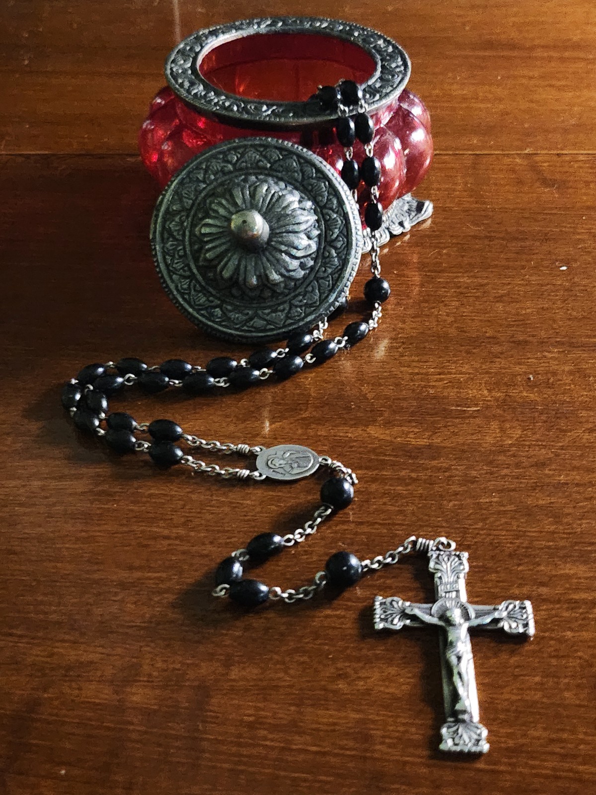 Vintage Sterling Silver Celluloid Bead Rosary & Vtg Red Moroccan Blown Glass Box