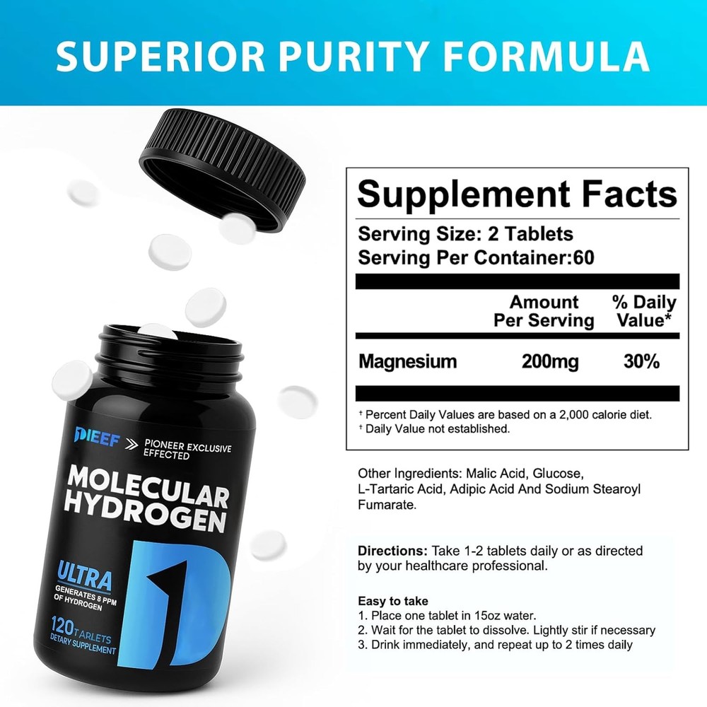 Hydrogen Water Tablets, 120 Tablets Fast-Dissolving H2 Molecular Hydrogen