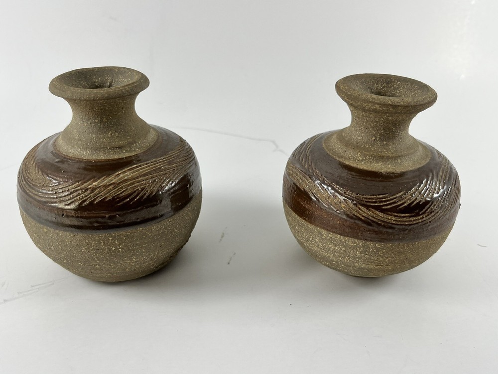 2 Small Vases SIGNED HANDMADE MCM Studio POTTERY ART Slightly Different BoHo 4"