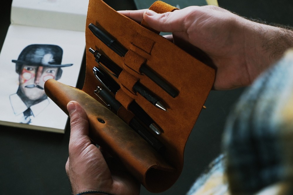 Handmade Leather Roll Up Pen Case - Barrel