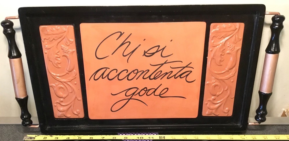 CHARMING PRESENTATION TRAY W/ HANDLES “SCRIPT CENTER“ TEXT “COFFEE,FRUIT,CHEESE“