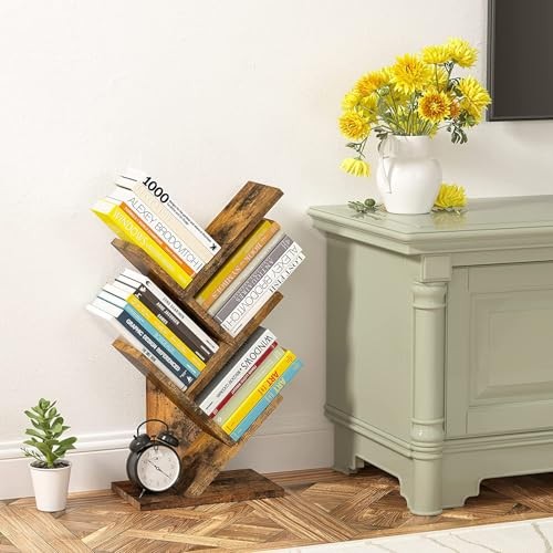 Tree Bookshelf, 4 Shelf Bookcase, Modern Book Storage, 4 Tier Rustic Brown