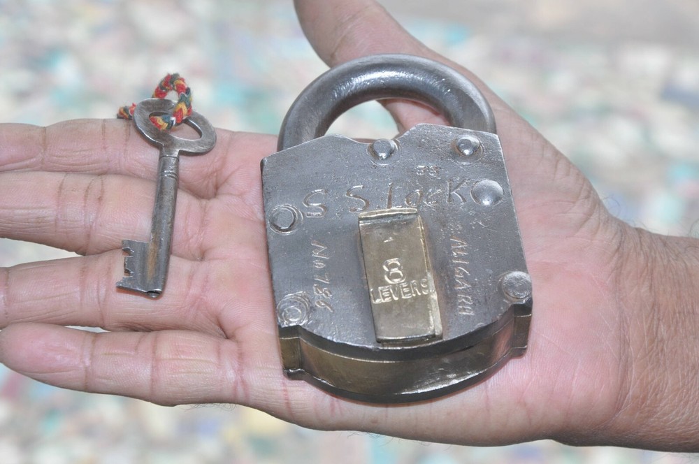 Vintage Iron & Brass Handcrafted Solid Heavy Unique Shape Push Button Padlock