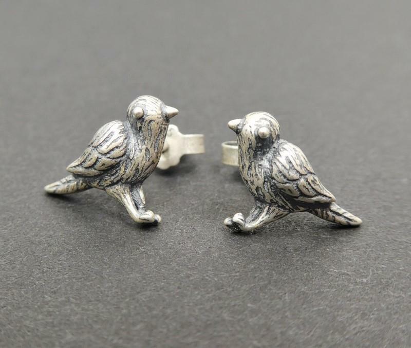 Unique Handmade Sterling Silver Tiny Small Birds Post Stud Earrings Great Detail