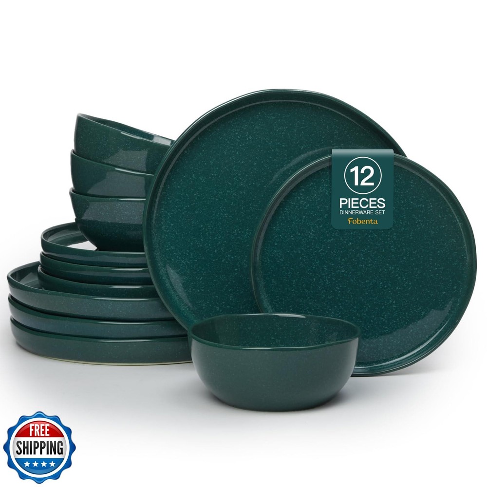 FOBENTA Ceramic Dinnerware Set for 4,Reactive Glaze Plates and Bowls Sets,Mic