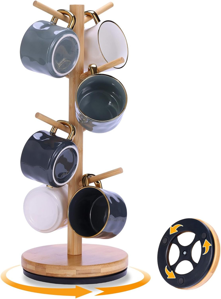Mug Holder Tree Upgraded 360° Rotated 8 Hooks Coffee Holders for Counter Bamboo