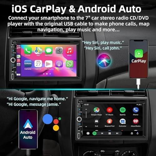 Double Din Car Stereo with CD/DVD Player, 7-Inch Touch Screen, Bluetooth 5.2,