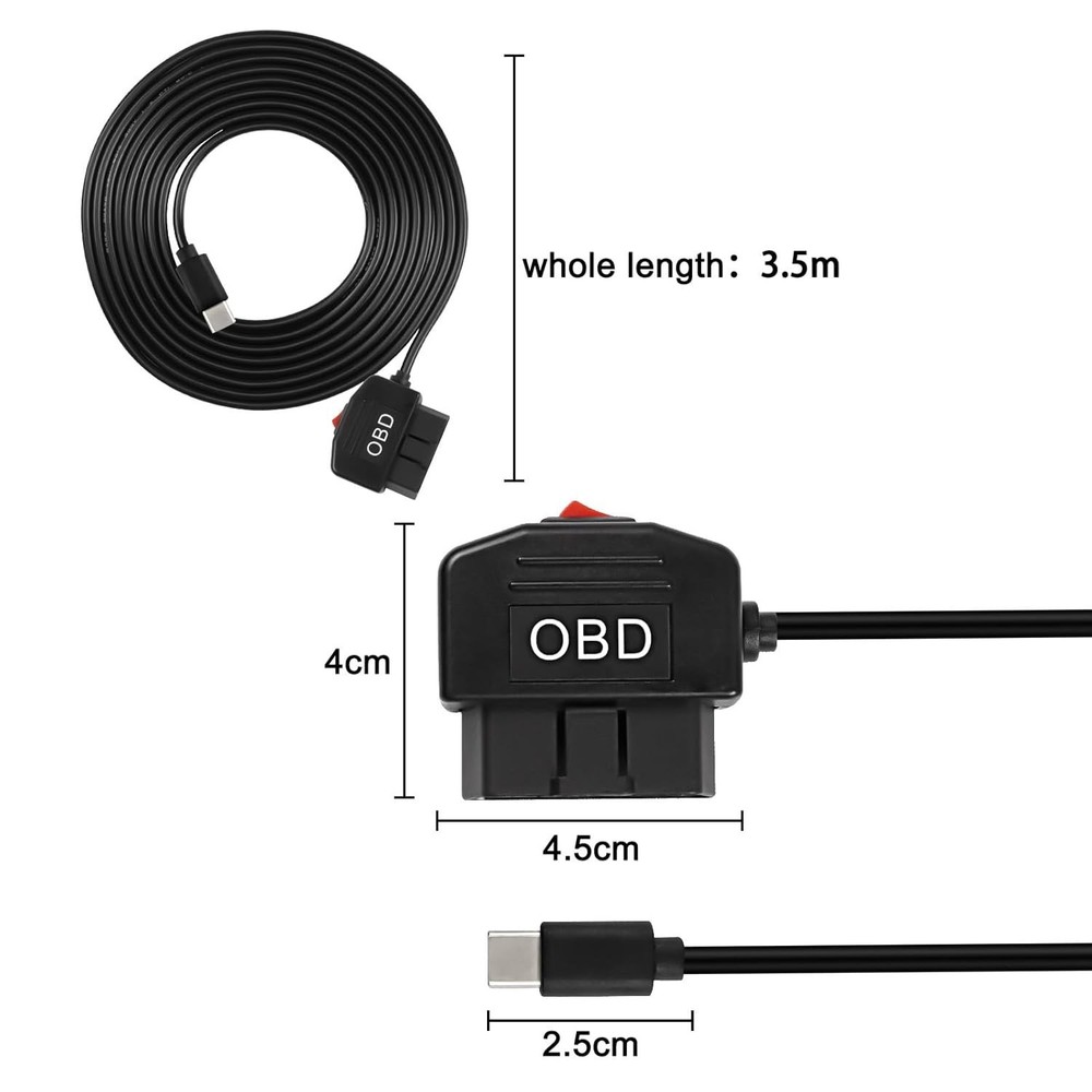 Type C OBD Power Cable for Dash Cam - 24-Hour Surveillance, 3.5M