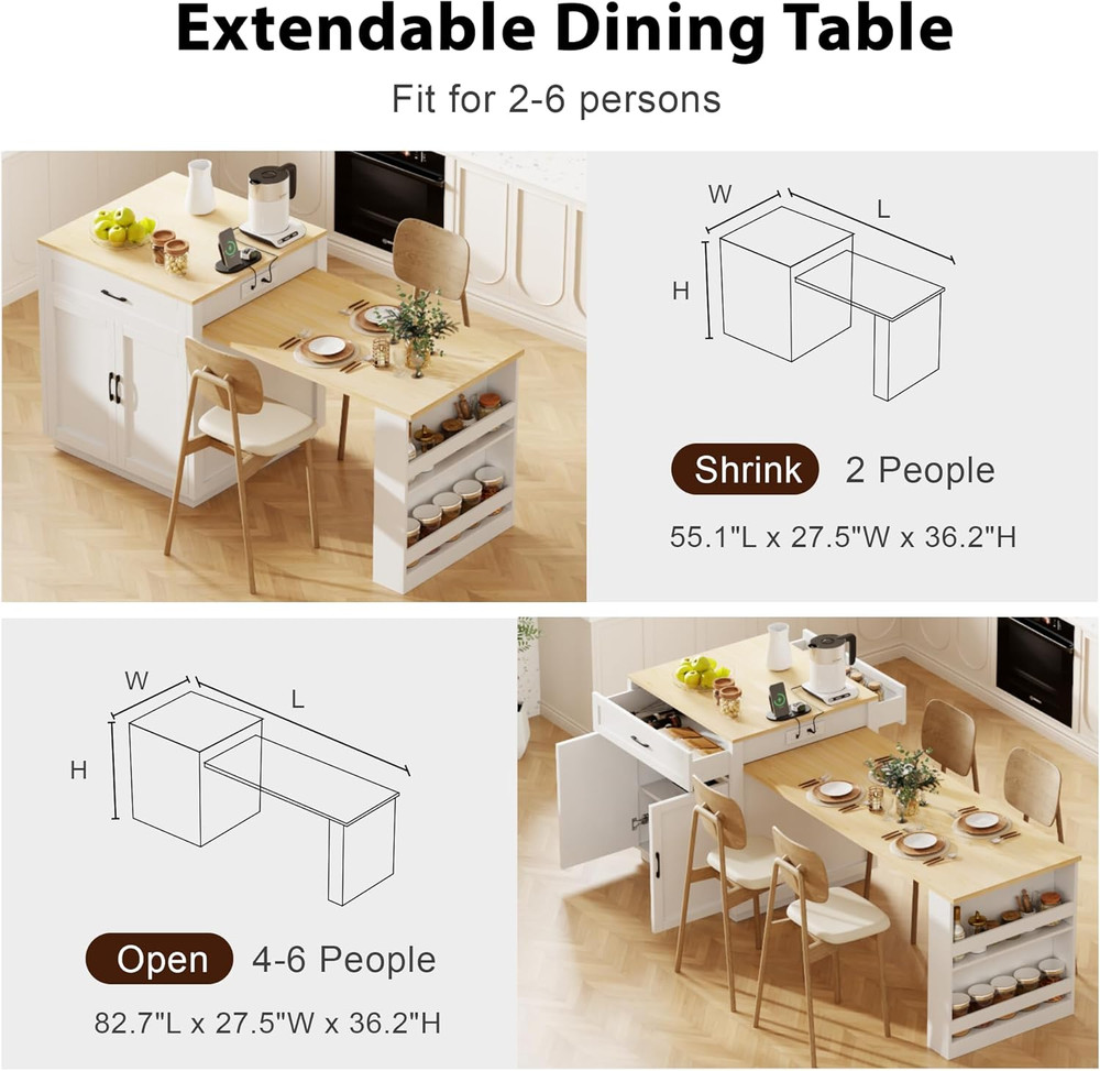 82.7" Kitchen Island with Extendable Table & Storage - White Oak