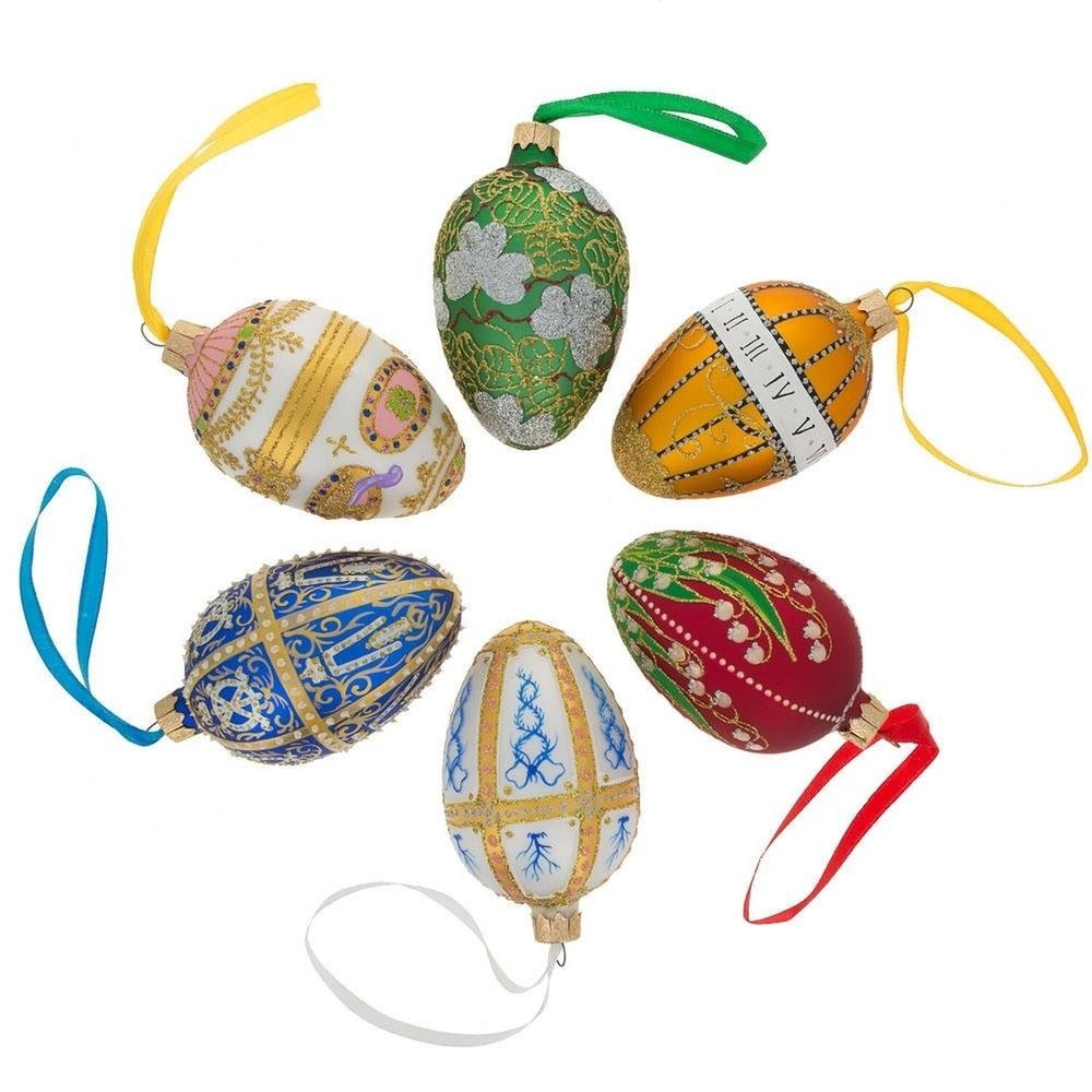 White Scrolls on Blue Glass Egg Ornament 4 Inches