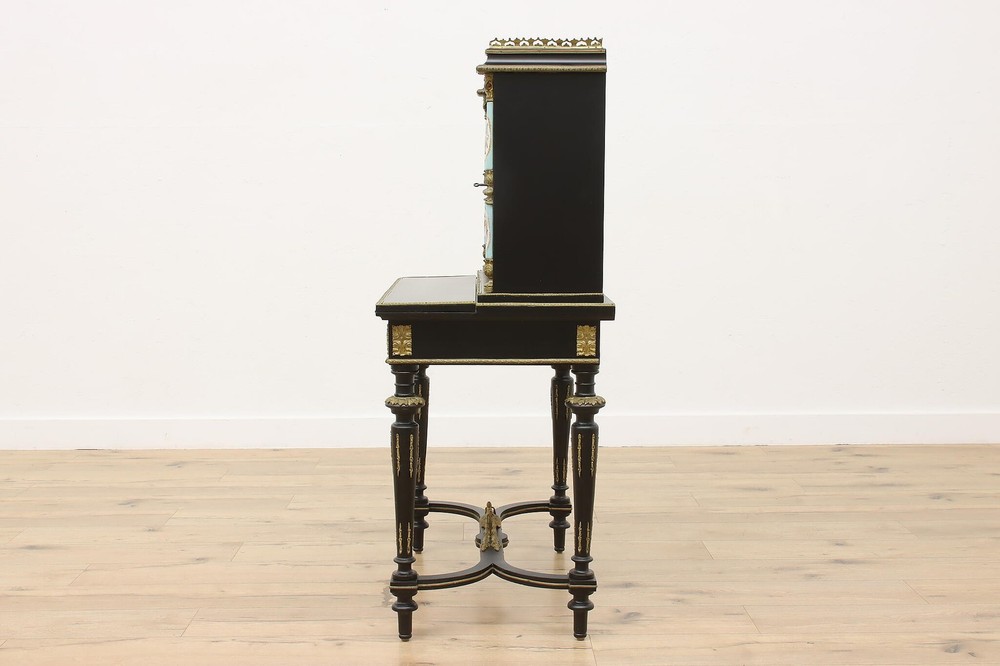 French Antique Ebonized & Porcelain Office or Library Desk #55596