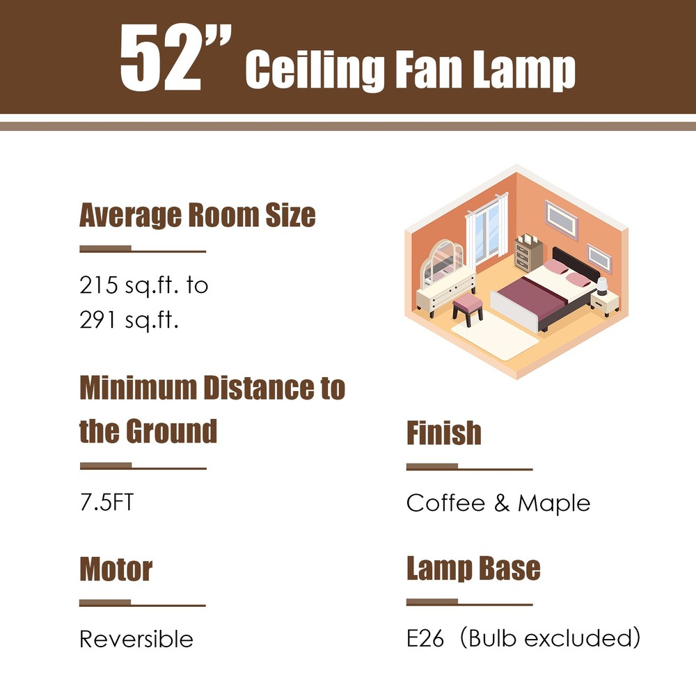 52" Ceiling Fan with Light Reversible Crystal Ceiling Fan Lamp W/Remote Control
