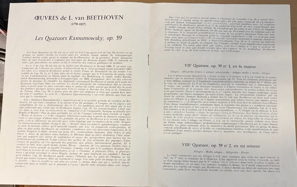 HUNGARIAN QUARTET BEETHOVEN Rasoumowsky quartets Salle Gaveau program 1957