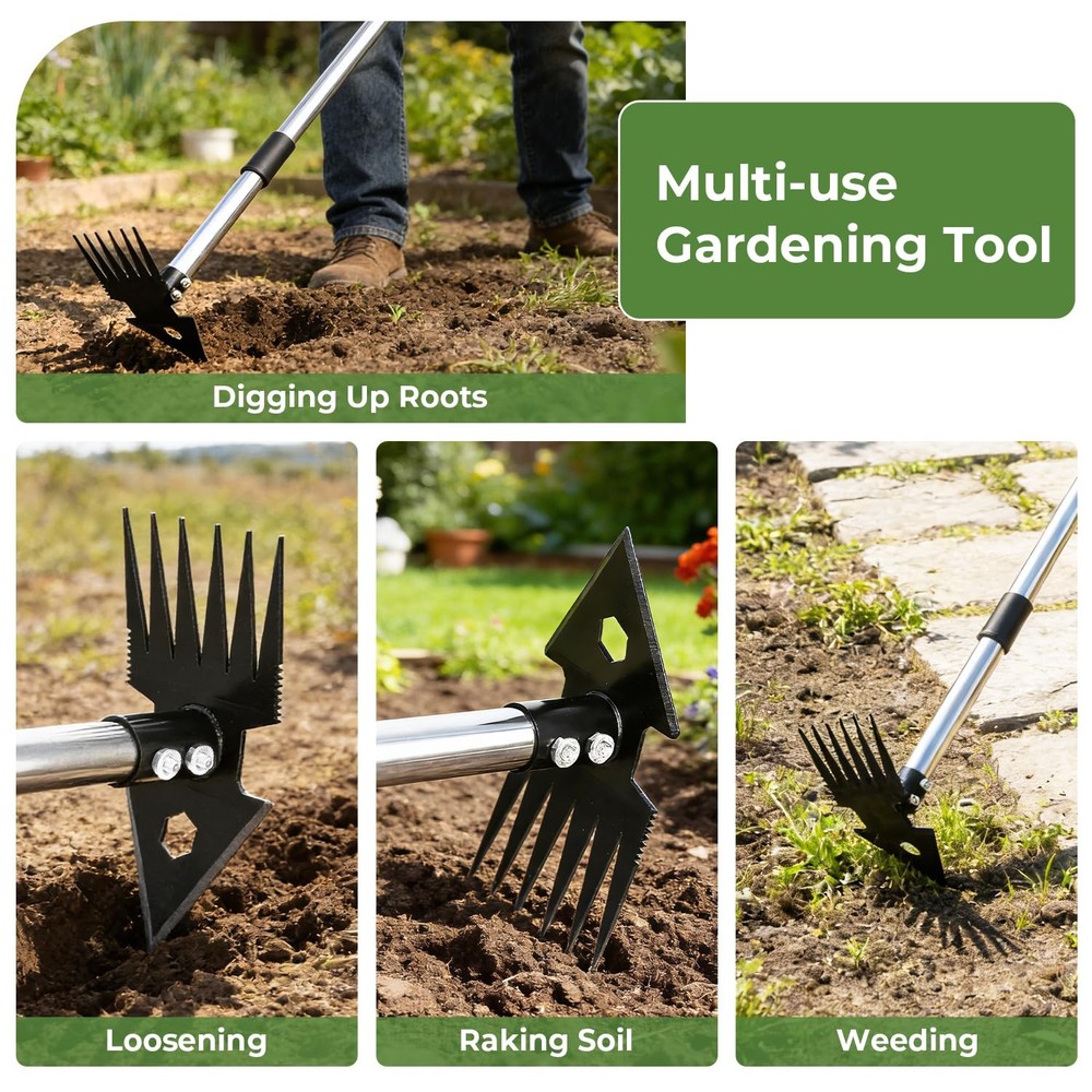 2-in-1 Weed Puller Tool,Dual-Head Weed Rake & Garden Hoe with Long Handle,Hea...