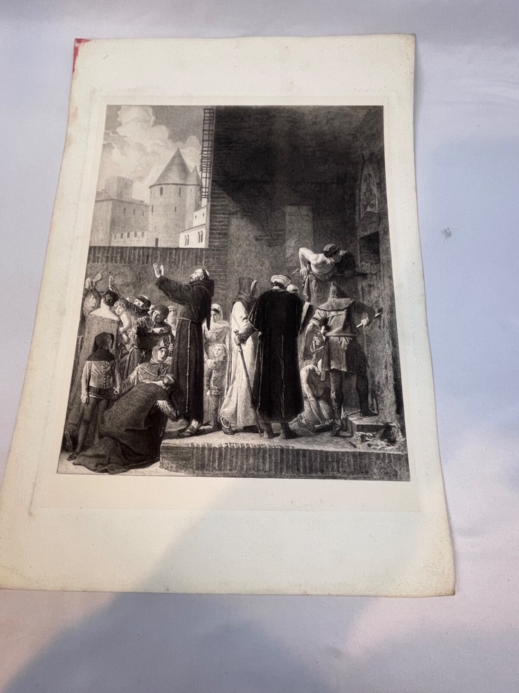 Antique Engraving Monk and crowd in front 3423