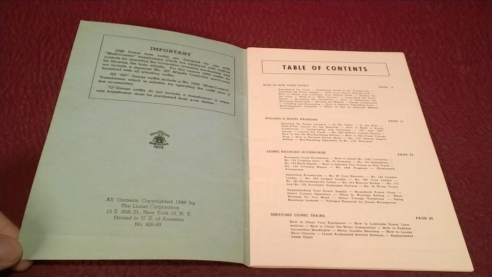 LIONEL POST WAR 1949 OPERATING INSTRUCTIONS BOOKLET