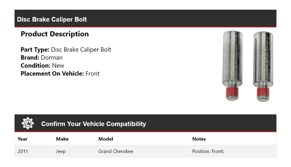 For 2011 Jeep Grand Cherokee Dorman Disc Brake Caliper Bolt Front