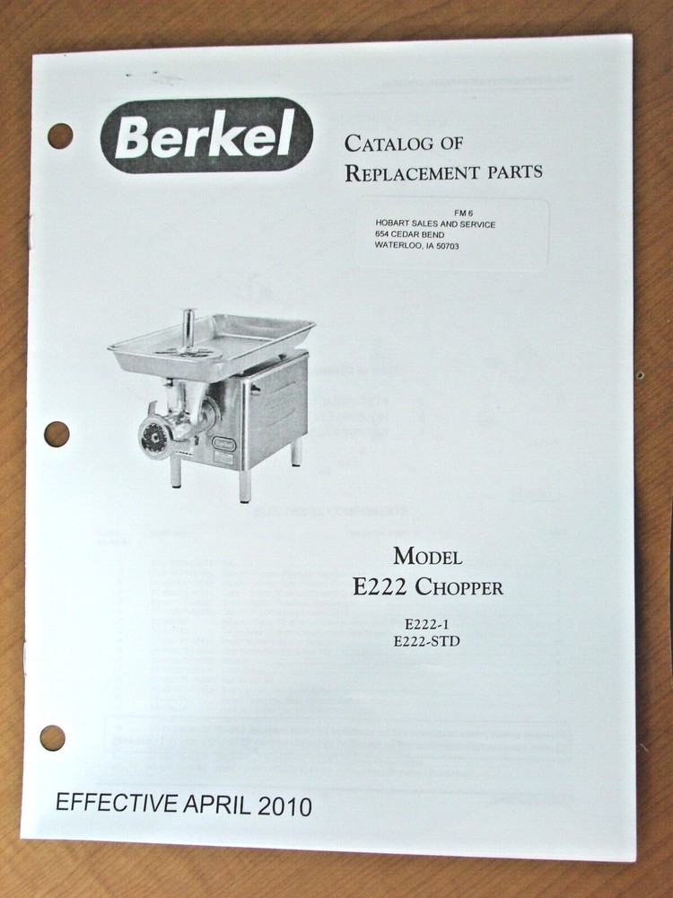 Berkel E222 Chopper Catalog Of Replacement Parts
