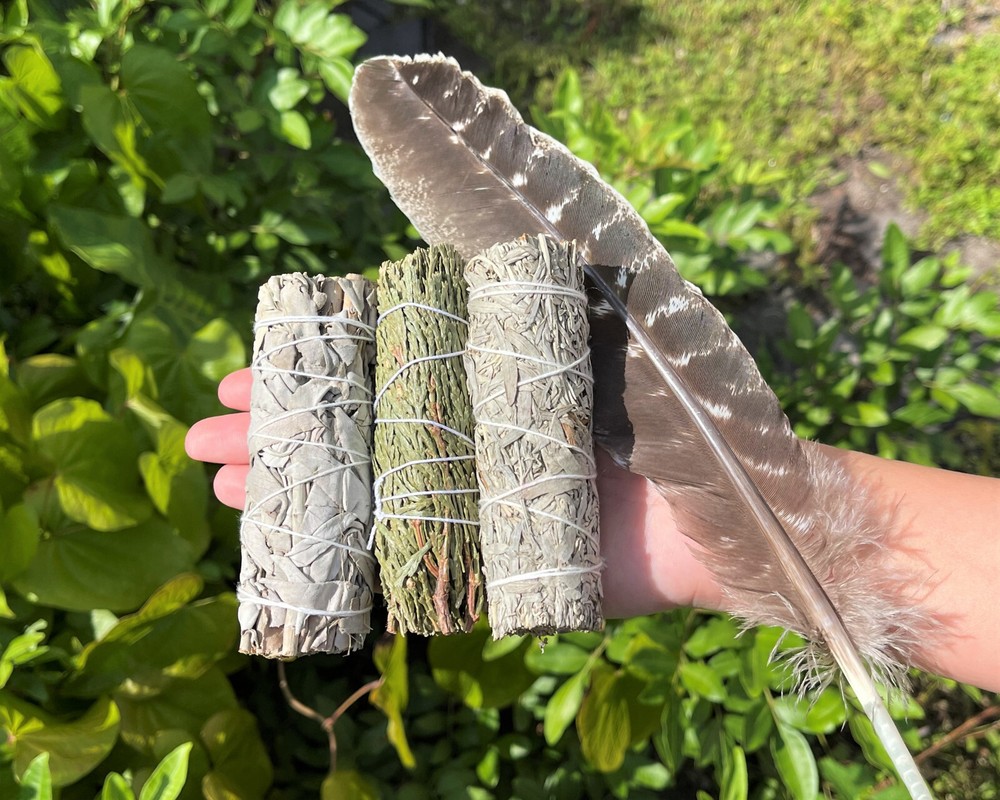 Smudge 3 Stick SAMPLER: White Sage, Blue Sage, & Cedar & Smudging Feather!