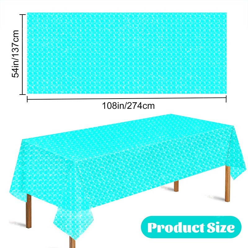 A sky-blue 3D checkered three-piece plastic tablecloth set