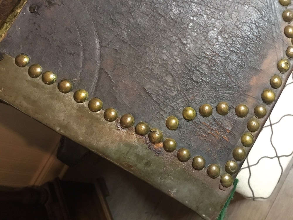 AUTHENTIC ANTIQUE PORTUGESE STUDDED LEATHER STORAGE TRUNK