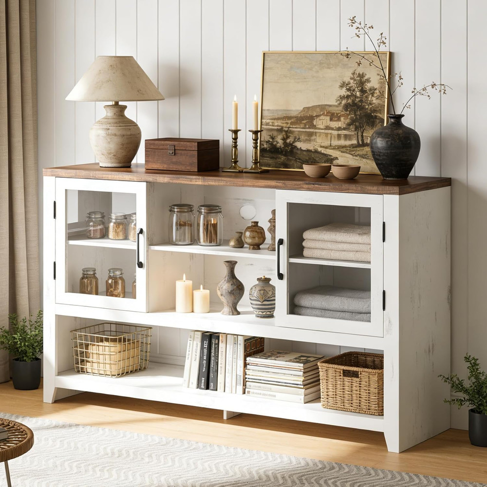 53" Modern Kitchen Buffet Sideboard Cabinet with Glass Doors - White