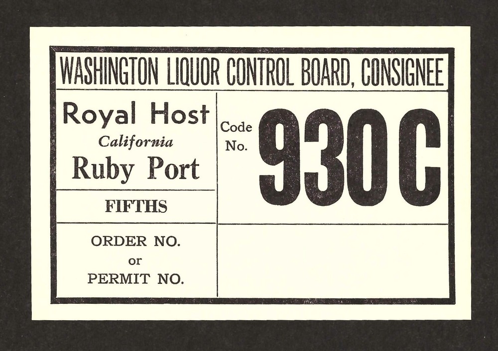 Washington Liquor Control Board Consignee Label - Ruby Port - State Revenue