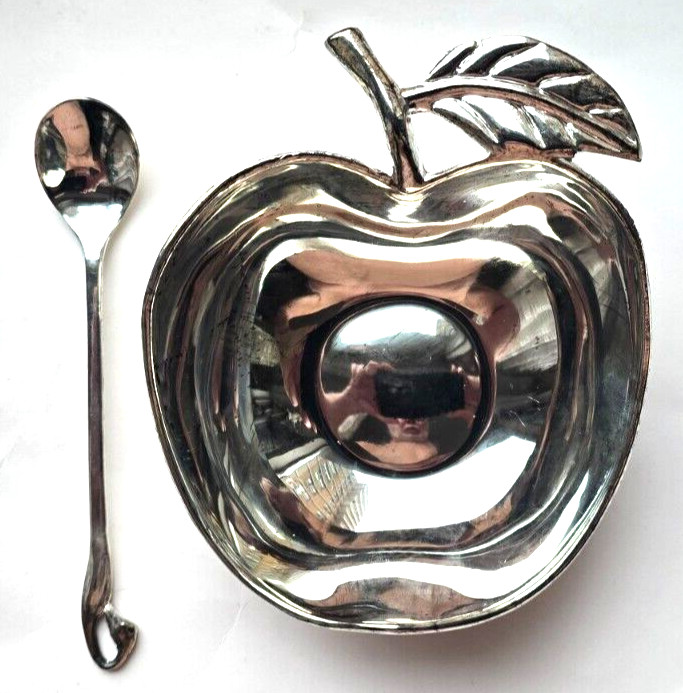 Apple Shared Honey Dish/Spoon Silver Plated for Rosh Hashanah 2 spoons
