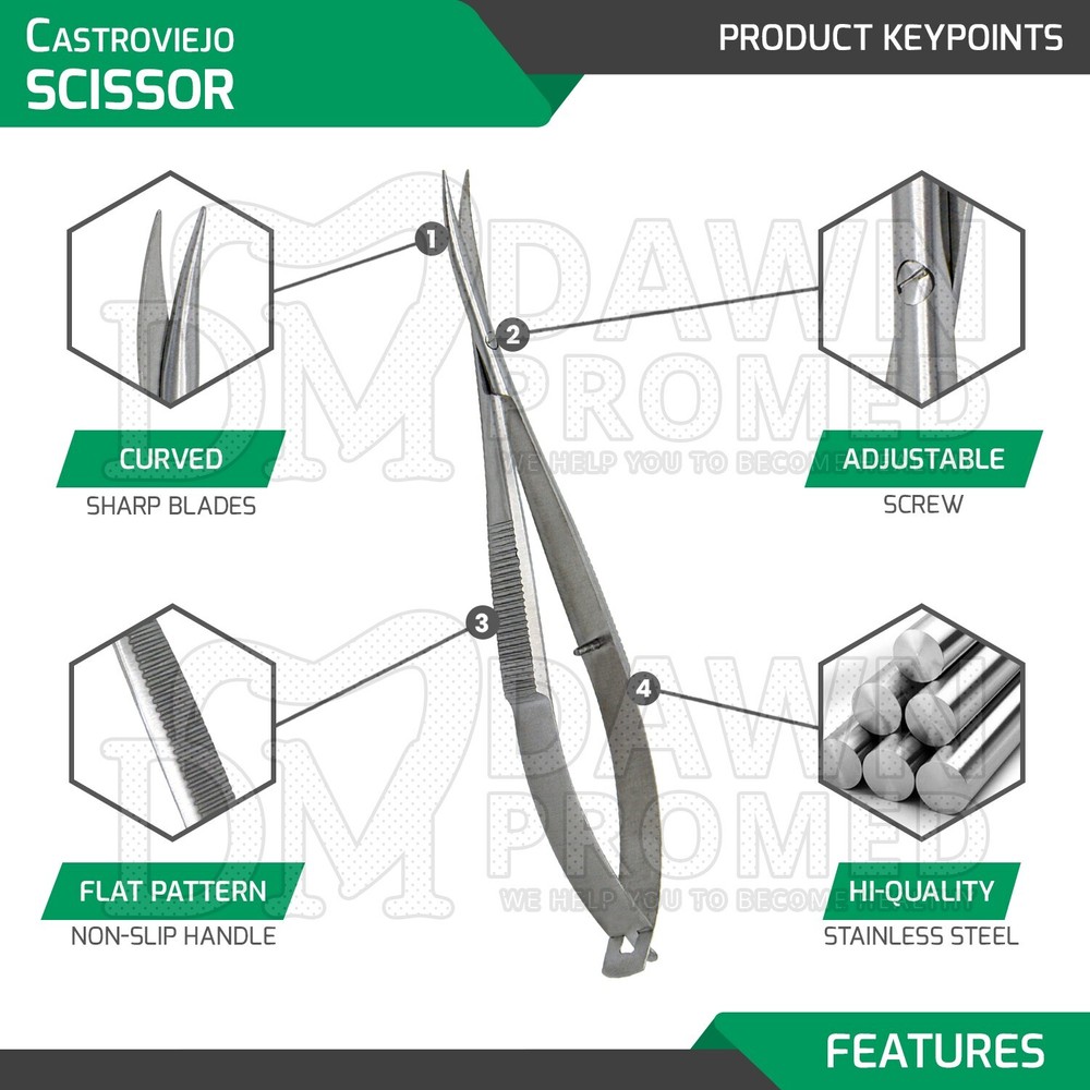 2 Pcs Castroviejo Scissors Straight & Curved Set 7.5" Micro Surgery Instruments