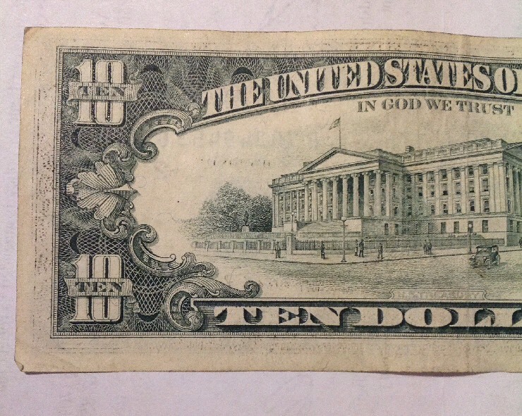 1990 $10 FRN ERROR INK SMEARED