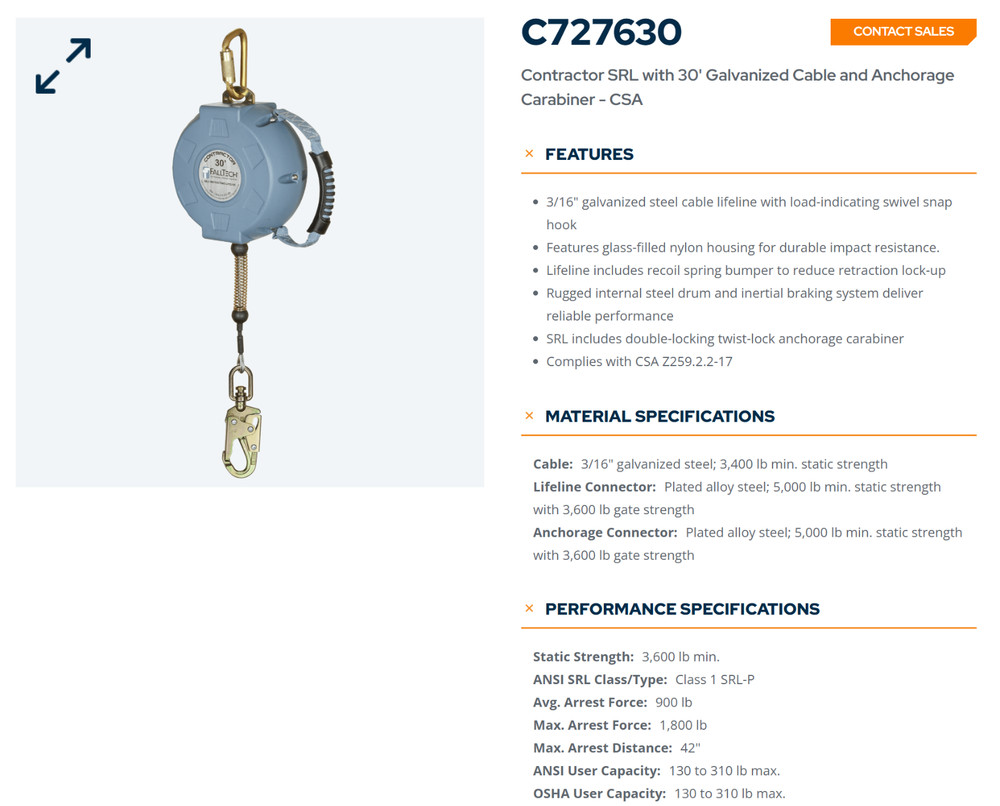 FallTech 727630, 30' Contractor Self Retracting Lifeline
