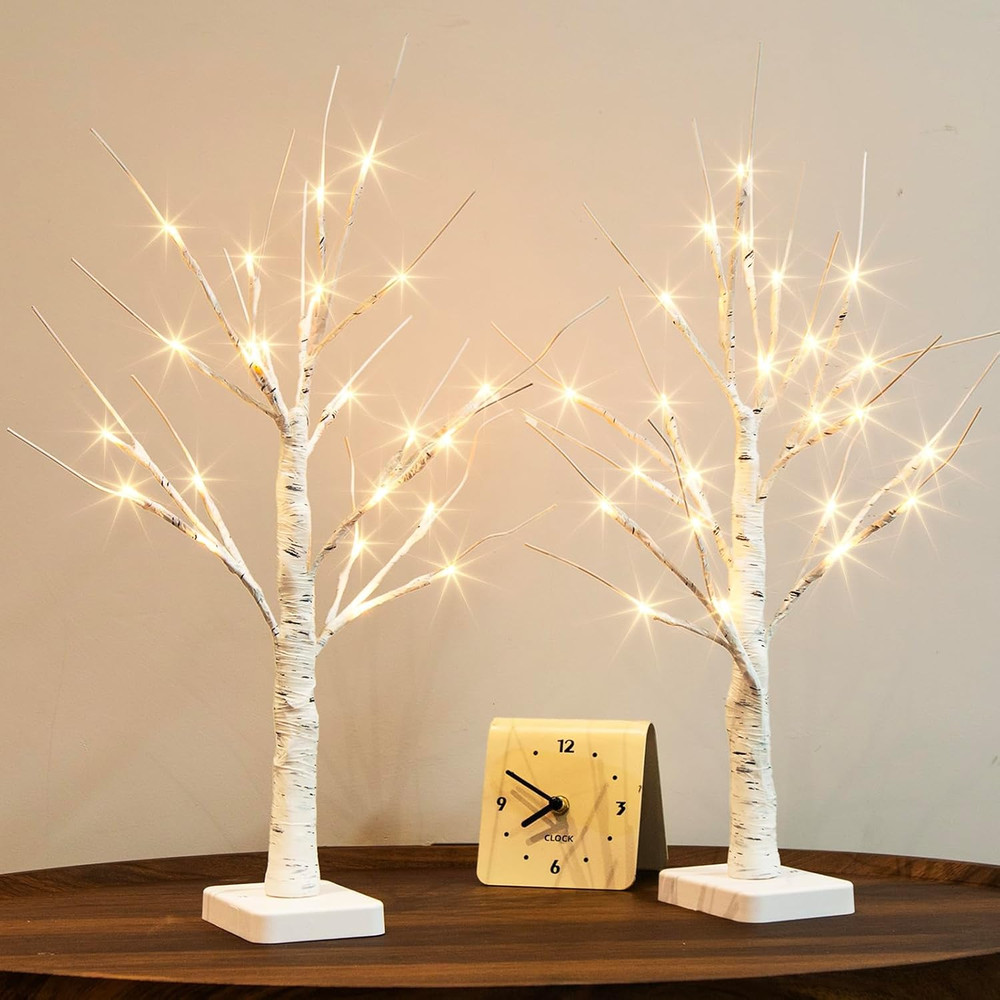 Lighted Birch Tree, 2 Pack Christmas Tree with 24 LED, Tabletop Centerpiece A...