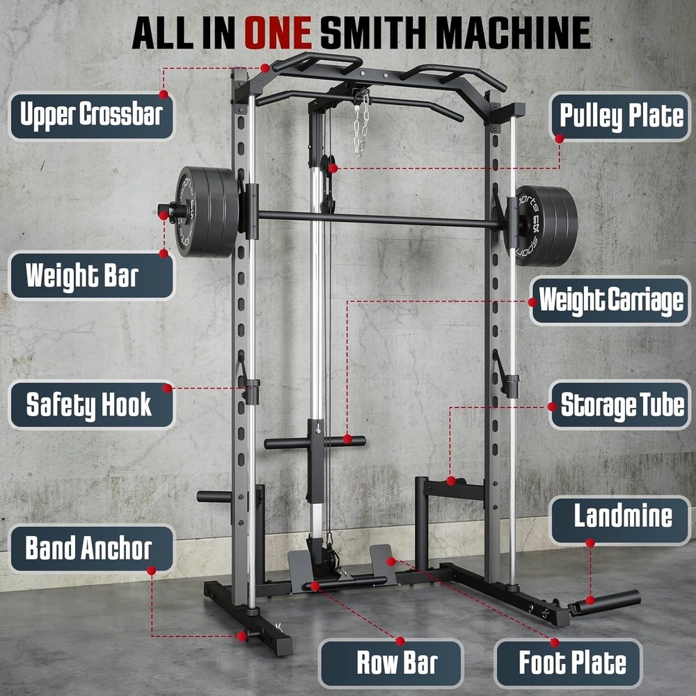 Smith Machine, Multifunctional Power Cage Rack with Barbell Bar and Cable Row US