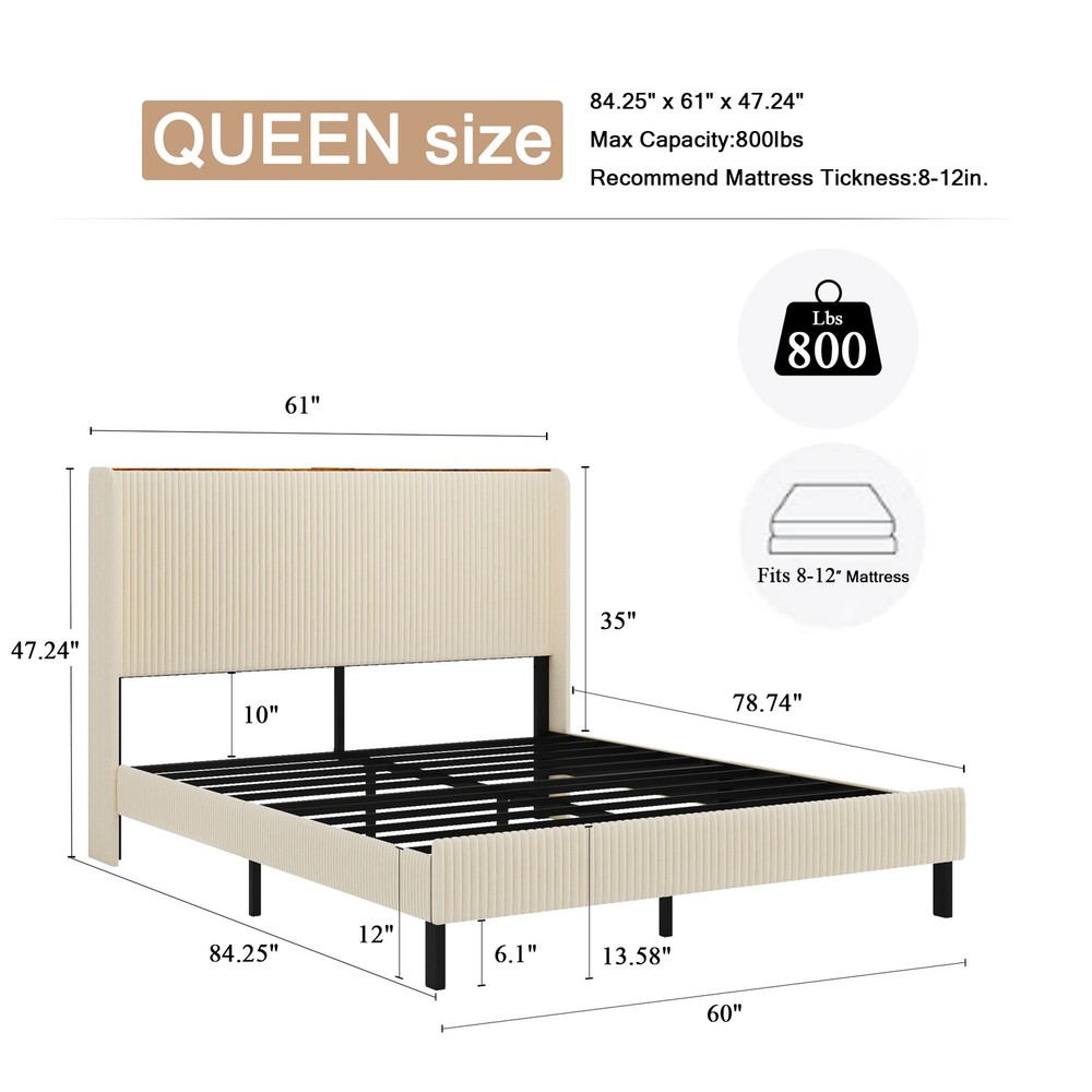 Queen Size Platform Bed , Metal Bed Frame with Charging Station, No Box Spring