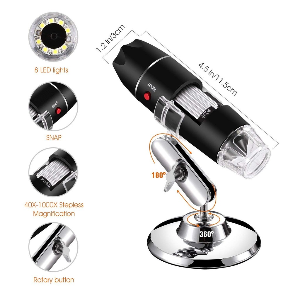 USB Digital Microscope 40X to 1000X, 8 LED Magnification