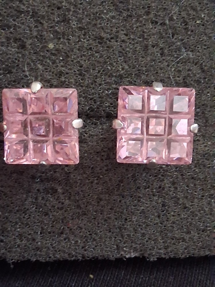 Sterling silver invisible cut pink stone grid pattern stud earrings, prong set