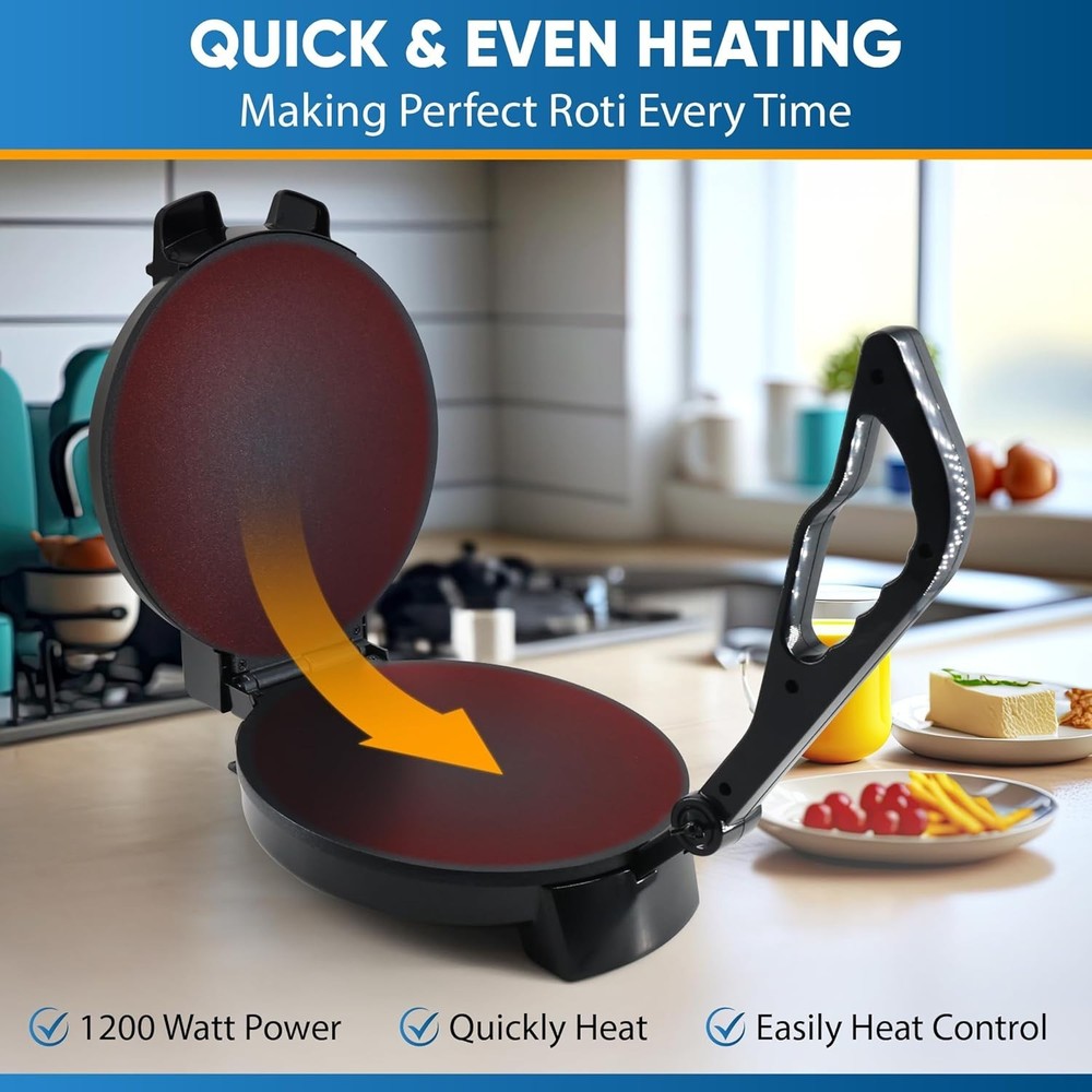 Electric Roti Maker 10-Inch - Includes Roti Warmer, Removable Handle, Easy Use
