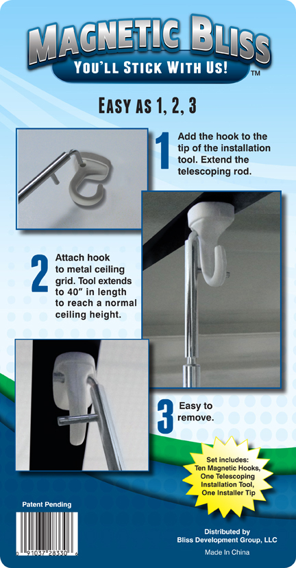 Magnetic Bliss Acoustical Tile Ceiling Hooks and Installation Tool