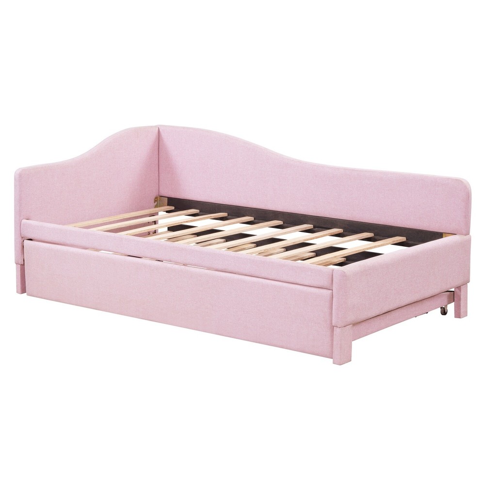 Twin Size Daybed Linen Upholstered Bed Frame Sofa Bed w/ Pull Out Trundle Bed