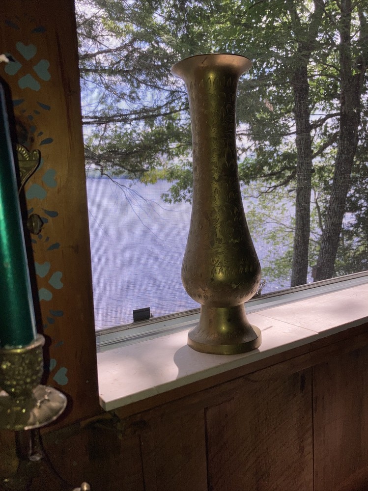 vintage large heavy solid Engraved ￼brass vase 14”