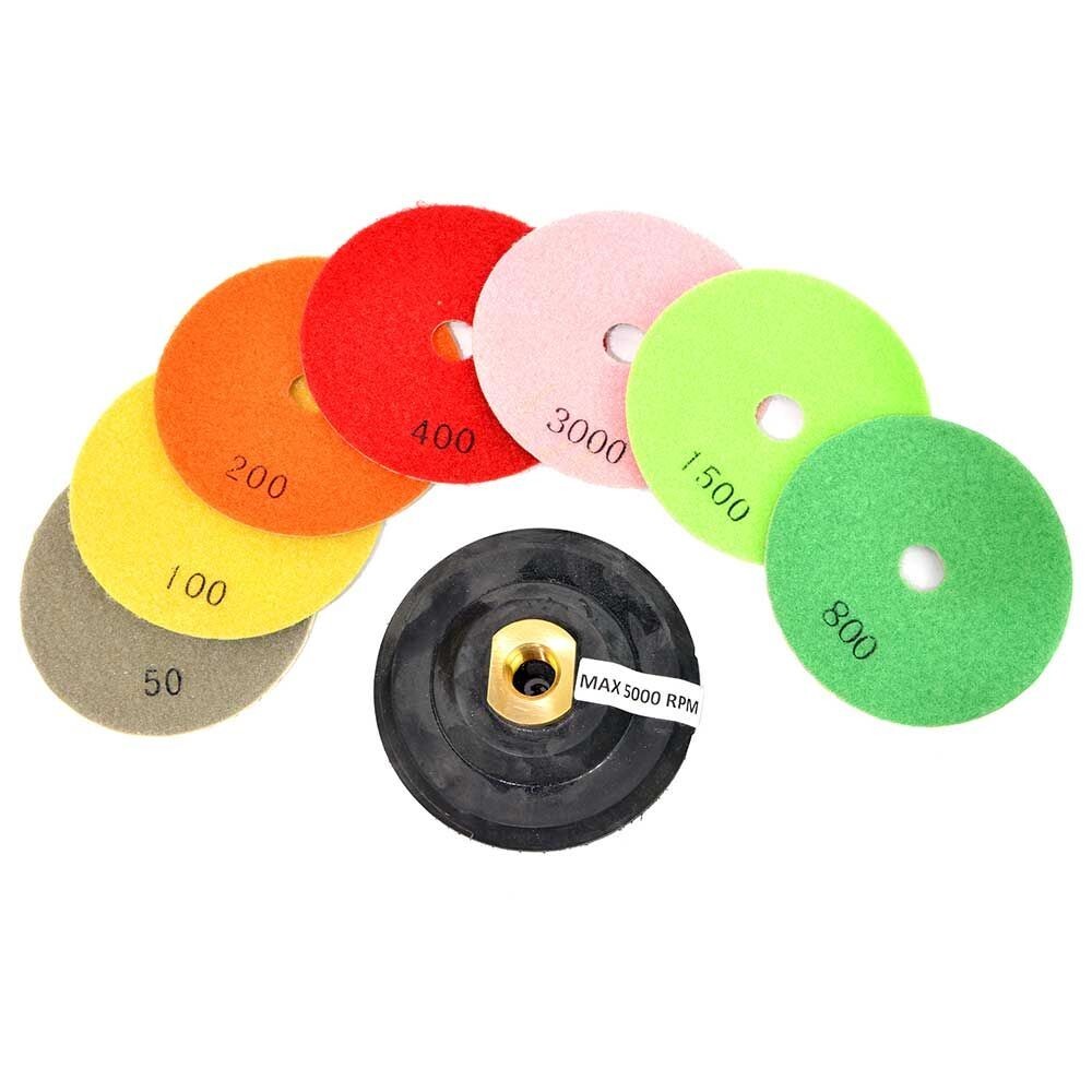 E4SET 4 Inch Diamond Polishing Pad Set Includes Rubber Hook & Loop Backing Pad
