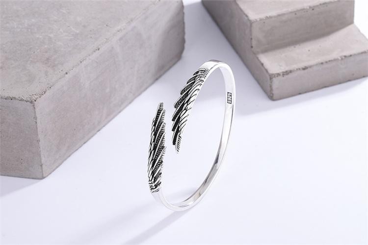 Bracelet Retro Thai Silver Feather Bangle 925 Sterling Silver Trendy Wing Open