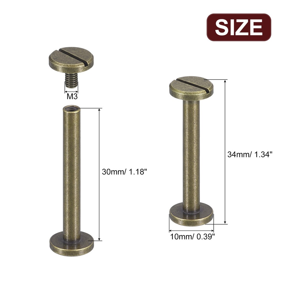 30Pack Brass Chicago Screws, 30x10mm Post Nail Stud Rivets, Bronze
