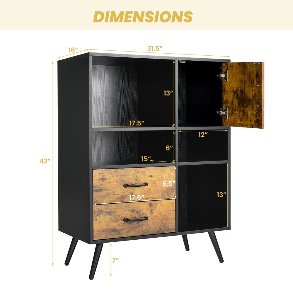 Freestanding Kitchen Sideboard w/ Single-Door Cabinet & 4 Open Compartments