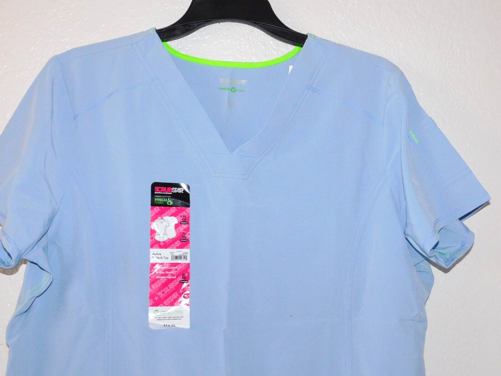 Womens Medium Scrub Top Light Blue Scrubstar Lime Green Trim